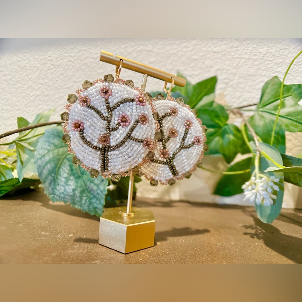 Handmade Beaded Cherry Blossom Earrings with 18K gold plated lever back hooks